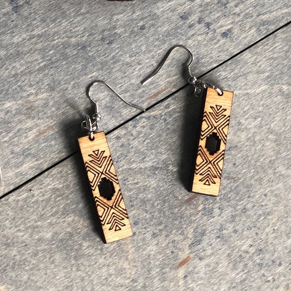 Lange Girl Design Jewelry - Handmade Wood Stained and Laser Cut & Engraved Long Dangle Earrings